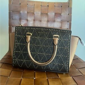 MICHAEL Michael Kors Selma Medium Logo Studded Leather Satchel, Brown